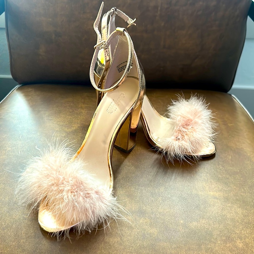 Charlotte Russe size 10 rose gold metallic heel, with pink feather accent